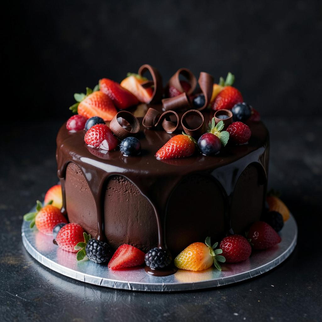 Dark chocolate celebration cake with glossy ganache, chocolate curls and summer fruits