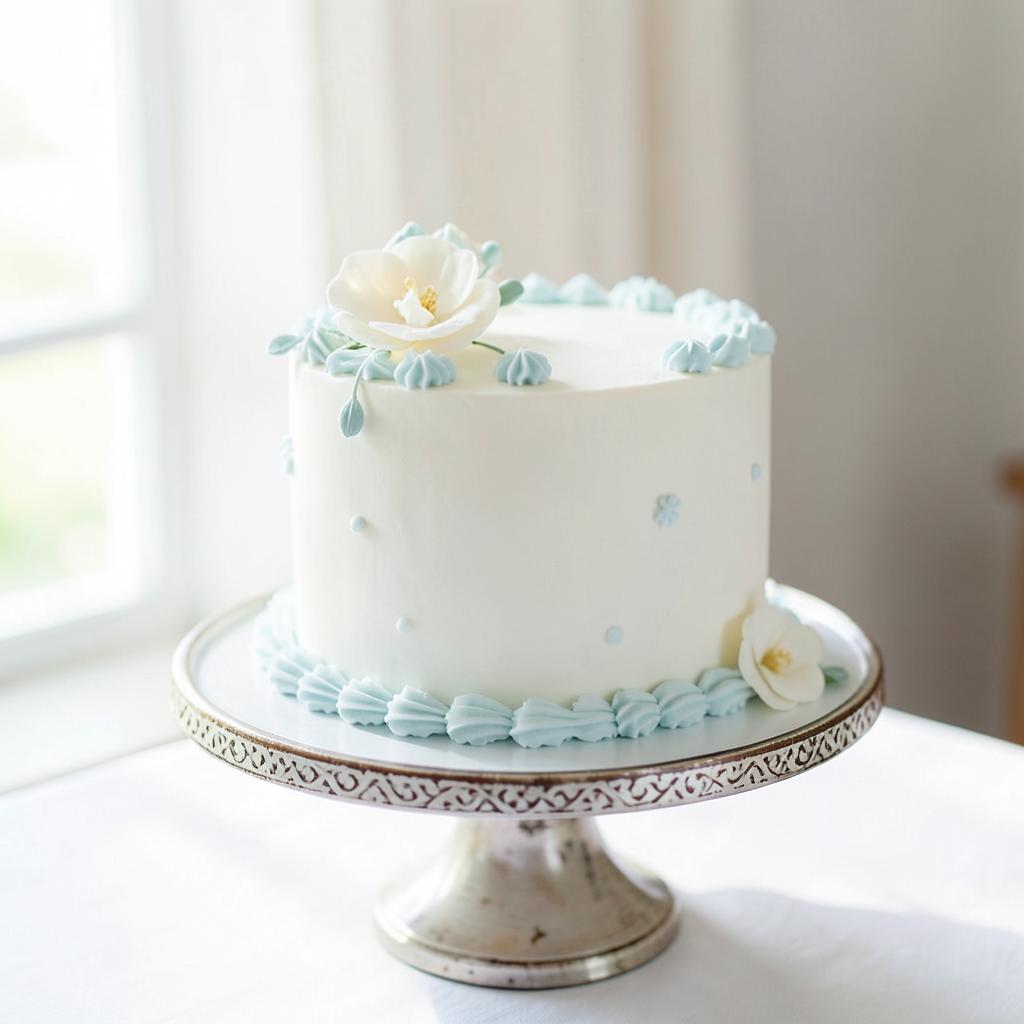 White christening cake with pale blue piping and sugar blossom on a vintage cake stand