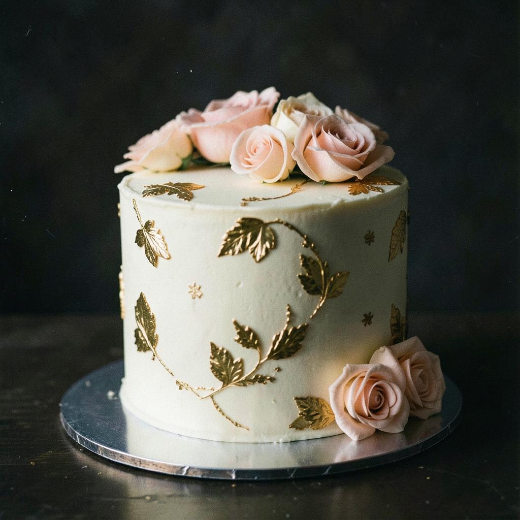 Ivory buttercream cake decorated with gold leaf and blush sugar roses