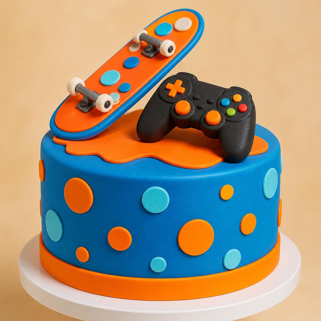 Bright blue and orange birthday cake topped with a sugar skateboard and game controller