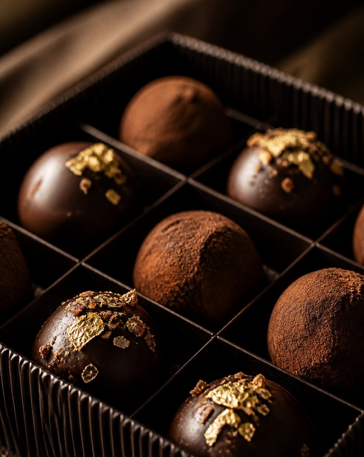 A box of hand made truffles dusted with cocoa and finished with gold leaf