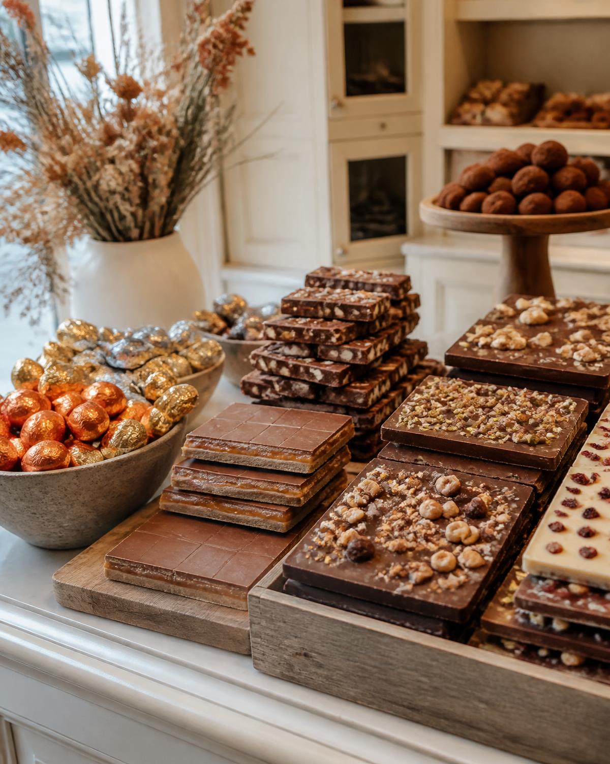 Hand made chocolate slabs and foil wrapped chocolates on the shop counter
