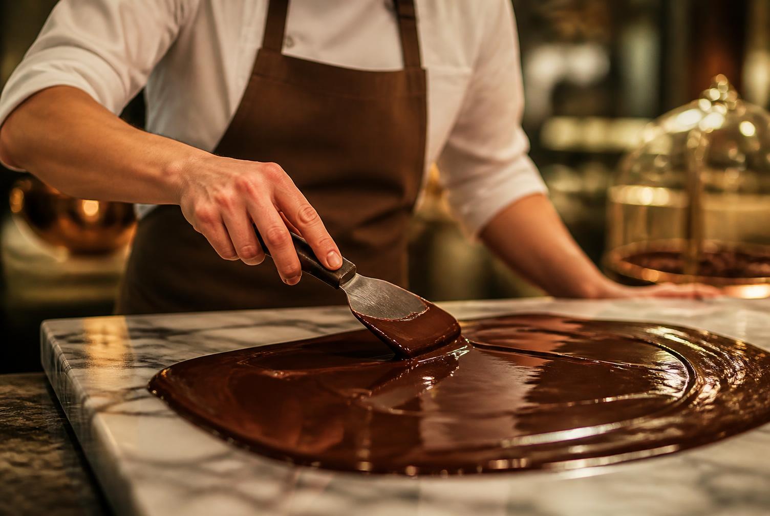 A chocolatier tempering glossy dark chocolate on a marble slab