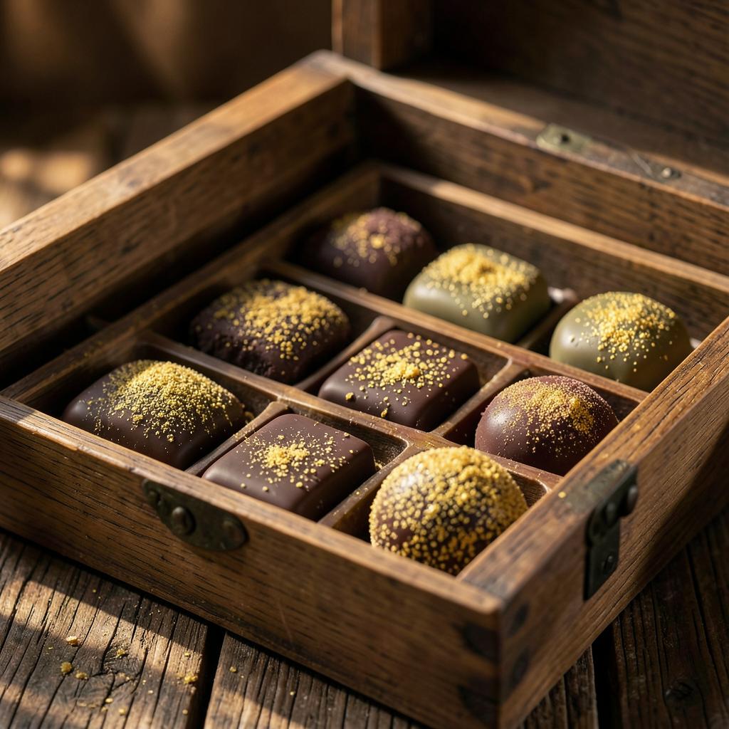 Wooden box of hand made chocolates and truffles dusted with gold