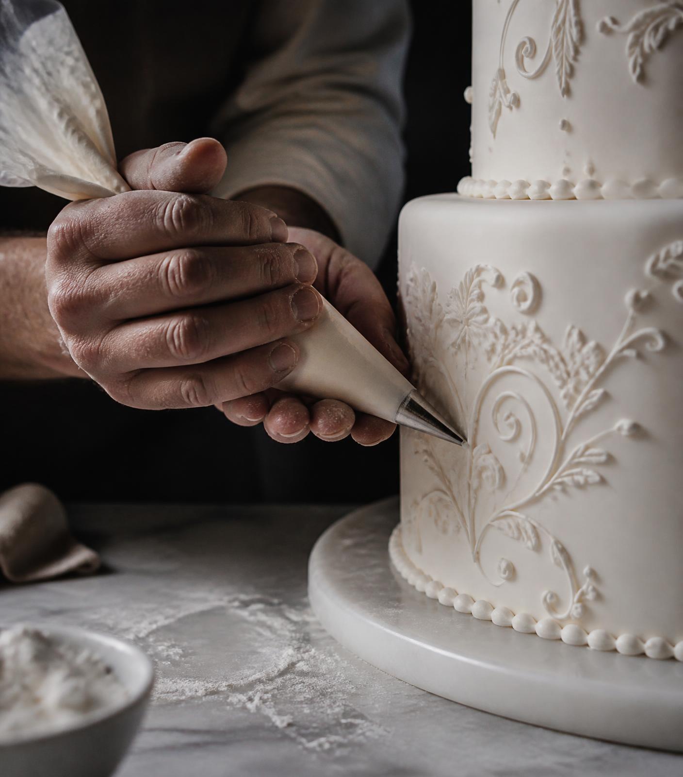 A baker piping fine royal icing detail onto a tiered cake