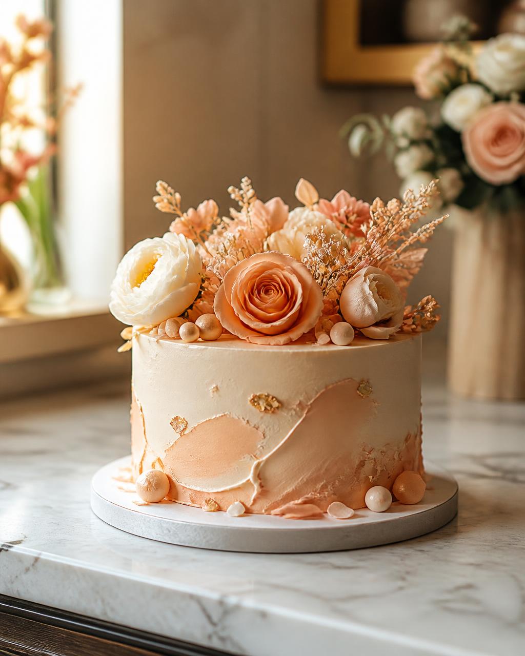 A finished celebration cake in peach buttercream with sugar roses and gold leaf