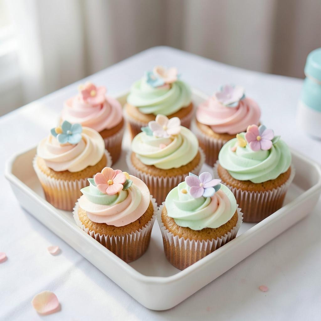 Tray of cupcakes with swirled pastel buttercream and sugar flowers
