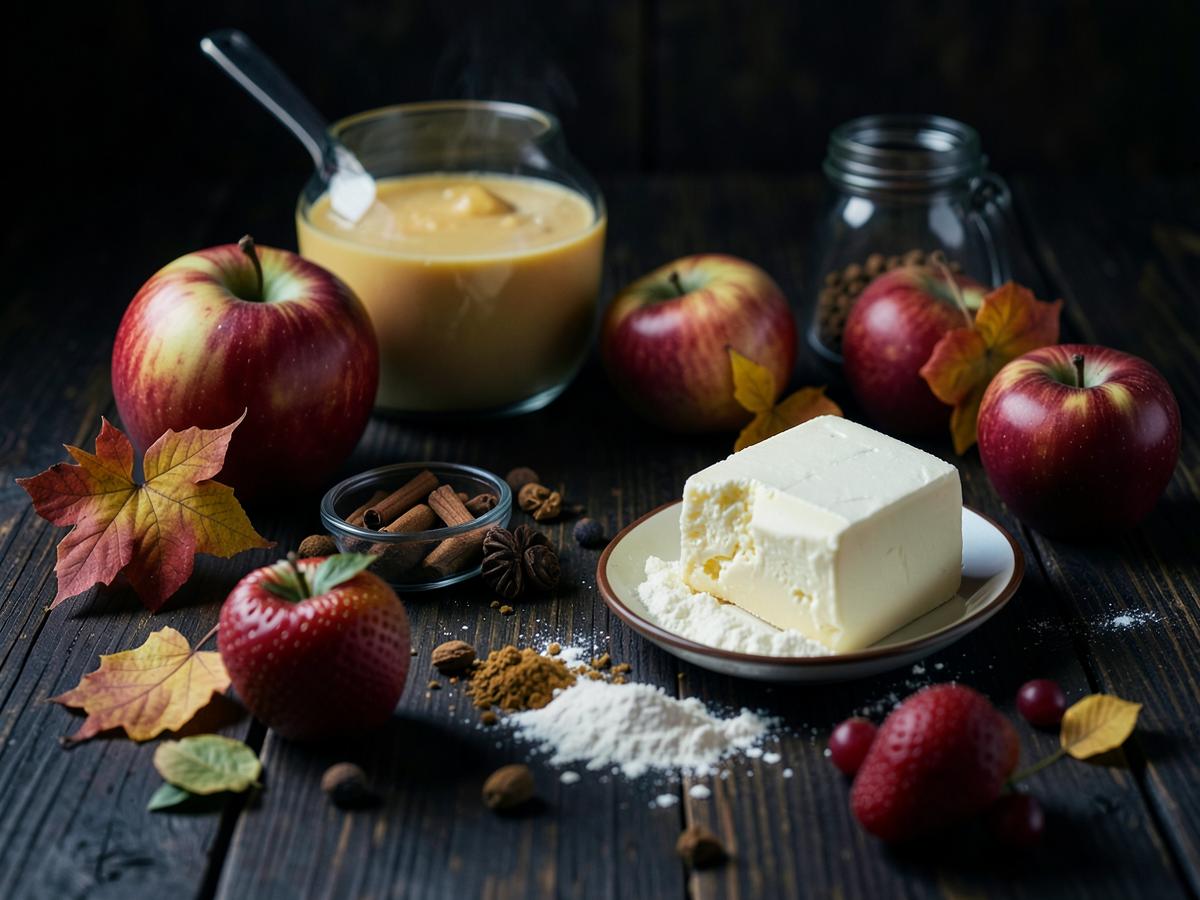 Autumn fruit, spices, butter and flour on a dark wooden table