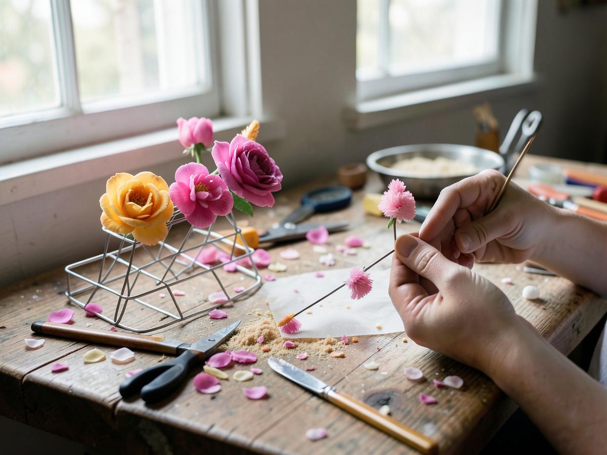 Sugar flowers being shaped by hand on a workbench