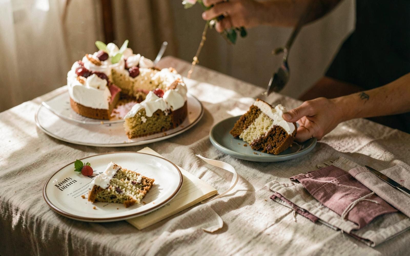 Slices of cake on plates with a notebook during a wedding cake tasting